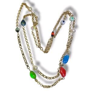 Vintage Gold Tone Double Strand Rolo Chain Art Glass Bead Station Necklace‎ 26"